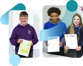 Combined Photos Of Pupil And Students Holding CREST Certificates With Engage Graphic Flourishes